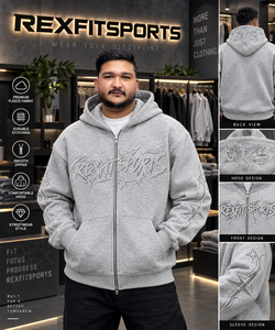 REXFITSPORTS 2026 – Sweat à capuche zippé gris clair pour homme, style streetwear, avec broderie personnalisée et motif étoile sur la manche, en polaire - Product Image 5