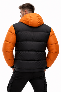 Blouson matelassé imperméable noir et orange pour homme, à capuche, chaud pour l'hiver, zippé, style streetwear, coupe ajustée, avec logo frontal - Product Image 5