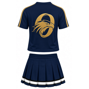 Ensemble uniforme de cheerleading bleu marine et or, chemise à manches courtes, jupe plissée, tenue de sport d'équipe, entraînement, performance, compétition - Product Image 2