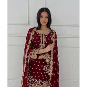 Conjuntos de mujer elegantes Top-Plazzo y Dupatta con trabajo de secuencia de bordado - Product Image 1