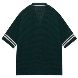 Men Crochet Knitted Baseball <b>Shirt</b> Short Sleeve Button Down Stripe Trim Casual Summer Knitwear OEM Wholesale Supply - Product Image 2
