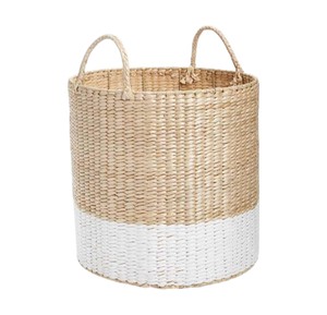 Round Water Hyacinth <b>Basket</b> with White Painted Base Handmade <b>Storage</b> <b>Basket</b> for Laundry <b>Toys</b> Blankets Home Decor - Product Image 1