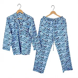 Conjunto de Pijama de Algodón 100% para Mujer, Estampado Geométrico Azul, Manga Larga, Cuello Camisero, Pantalón Largo, Ropa de Dormir Suave e Informal - Product Image 1