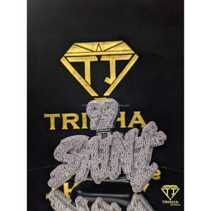 Collier pendentif personnalisé « SAINT » en moissanite VVS, diamant, argent sterling 925, style hip-hop, bijoux de luxe par Trisha Jewels - Product Image 3