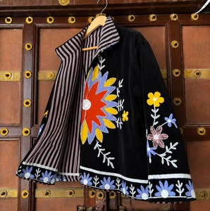 Showcase Rich Detail Indian Art <b>Sunflower</b> <b>Embroidered</b> Velvet Jacket Black Floral Boho Coat Artisan Suzani Statement Outerwear - Product Image 4