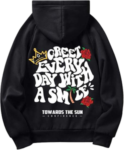 Sudadera con capucha gráfica estilo streetwear para hombre – Sudadera negra extragrande con estampado retro en la espalda con la frase “Greet Every Day With A Smile” - Product Image 1