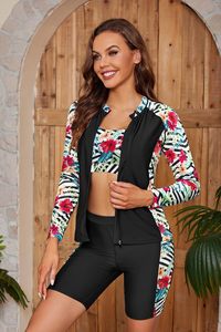 Women's 3-Piece Tropical Print <b>Swimsuit</b> Set Zip Front <b>Long</b> <b>Sleeve</b> Rashguard Jacket Sports Bra Shorts Rash Guard - Product Image 2
