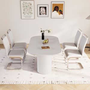 63\" Medieval Modern Cream Style MDF Dining Table PU Armless <b>Chair</b> Set 4-piece <b>Silver</b> Plated Metal Leg Assembly Dining Room - Product Image 2