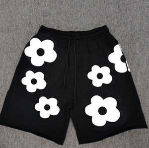 Pantalones Cortos de Mezclilla Azul Marino Oversize para Hombre con Gráfico Floral Blanco, Estilo Urbano, Ajuste Holgado, Dobladillo sin Rematar, Transpirables, Cierre con Cordón, Logo Frontal - Product Image 3