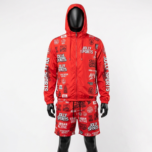 Ensemble veste coupe-vent et short en polyester Taslon rouge pour homme, impression par sublimation, logo personnalisé - Product Image 1