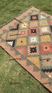Tapis géométrique Kilim fait main, rectangulaire, en laine et acrylique, à poils moyens, écologique, tufté à la main, pour salon, nettoyage localisé - Product Image 2