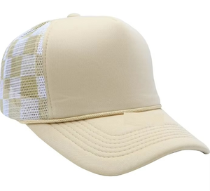 Casquettes promotionnelles vierges personnalisables vintage en mousse, style trucker à 5 panneaux avec image sur le panneau avant en toile, profil bas, en maille tricotée - Product Image 1