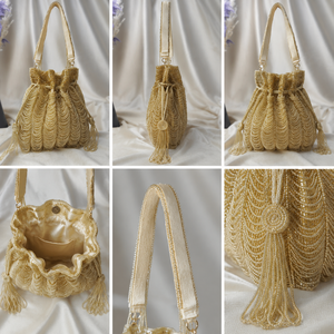Sac Potli Perlé Doré et Argenté pour Femme, Pochette de Mariage et de Fête, Sac à Main Fait Main avec Cordon de Serrage, Ensemble de Sacs Ethniques pour Dames - Product Image 3