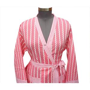 Bata de algodón floral rosa para mujer, cuello en V, manga tres cuartos, largo completo con cinturón, de secado rápido, transpirable, informal, para playa - Product Image 3