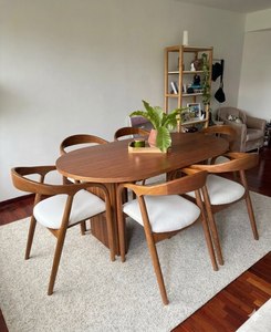 Ensemble de table à manger moderne en teck massif 8 pièces avec chaises rembourrées pour hôtel et appartement - Product Image 2