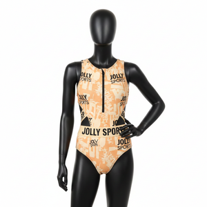 Maillot de bain femme en polyester et élasthanne de qualité supérieure, noir pêche, avec panneau latéral et logo personnalisé par sublimation. - Product Image 6