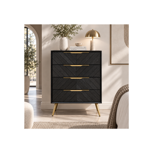 Contemporary Wooden <b>Tallboy</b> Chest With Decorative Chevron Panels, Multiple Drawers And Sleek Golden Legs For Bedroom Furniture - Product Image 1