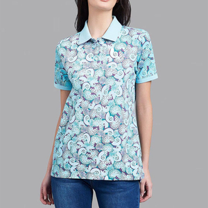 เสื้อโปโลแขนสั้นพิมพ์ลายดอกไม้สีฟ้าสำหรับผู้หญิง ผ้าทอระบายอากาศได้ดี ความยาวปกติ - Product Image 1