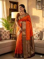 Saree Organik Banarasi Oranye Wanita Mewah dengan Pinggiran Zari Desainer untuk Pesta Pernikahan Tradisional India Etnik Blus Musim Dingin