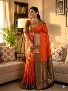 Orange Banarasi Silk <b>Saree</b> For Women Luxury Zari Border Designer Wedding Party Wear Traditional Indian Ethnic <b>Saree</b> With <b>Blouse</b> - Product Image 6