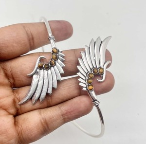Natural Tiger Eye Wing <b>Bracelet</b> Handmade <b>Silver</b> Plated Upper Arm Cuff <b>Bangle</b> Open Adjustable Armlet - Product Image 5