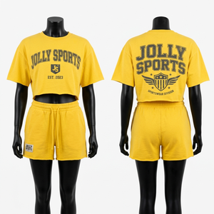 High Quality 320GSM Fleece Women Shorts Set <b>Distressed</b> Graphic Print Oversized Crop <b>Top</b> Sportswear Yellow Crop <b>Top</b> & Shorts - Product Image 4