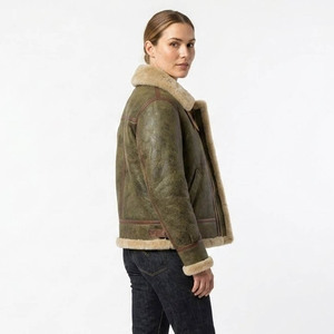 <b>Men's</b> Genuine <b>Leather</b> Aviator <b>Jacket</b> With Fur Lining Zipper Closure Winter Moto Biker Style Thick Windproof Turn-down Collar - Product Image 5