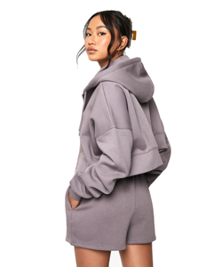 Custom Plus Size Casual Hooded <b>Zip</b>-Up Acid Wash Solid Cropped Fleece Lining Hoodie <b>Shorts</b> Set Eco-Friendly Women's Two-Piece - Product Image 6