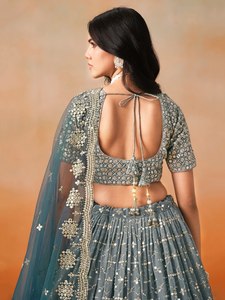 <span class=keywords><strong>Robe</strong></span> de <span class=keywords><strong>demoiselle</strong></span> <span class=keywords><strong>d</strong></span>'<span class=keywords><strong>honneur</strong></span> en organza turquoise brodé, style lehenga, avec crop top et dupatta, col en V, coupe trapèze, longueur ras du sol, séchage rapide, dos nu - Product Image 4