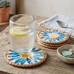 Rattan <b>Coaster</b>, Artisanal Woven Round <b>Drink</b> Mat with Blue Sunflower Mother of Pearl Inlay for Coffee Table, Dining & Bar Decor - Product Image 4