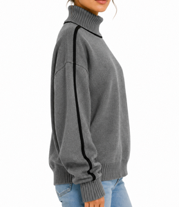 Sudadera de cuello alto grueso para mujer, estilo oversize, con mangas raglán, ribete negro y dobladillo acanalado, jersey de punto, fabricante OEM - Product Image 2
