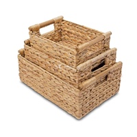 Ensemble de paniers de rangement en jacinthe d'eau, organisateur tressé écologique avec couvercle festonné et poignées en bois, vente en gros