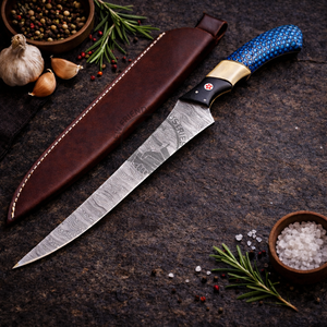 Top Trending Custom Handmade Damascus Steel Fish Fillet <b>Knife</b> 8" Extra <b>Sharp</b> Ambidextrous Blue Honeybee Nest Style Resin Handle - Product Image 6