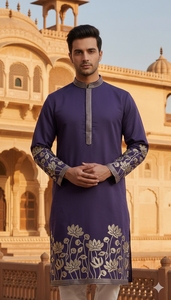 Ensemble Kurta Pyjama formel pour homme en soie de célébrité avec broderie dorée, séchage rapide, coupe classique, idéal pour les mariages et les soirées. - Product Image 4