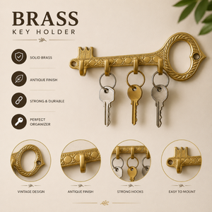 Elegant Brass <b>Key</b> Shaped <b>Key</b> Holder Decorative <b>Wall</b> Rack with 4 <b>Hooks</b> Antique Organizer for Entryway Hallway and Home decor Use - Product Image 5