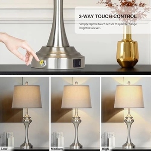 Ensemble de 2 lampes de table au design moderne en nickel brossé, base en métal de luxe, ports de charge USB, abat-jour en tissu lin, élégant pour table de chevet. - Product Image 6