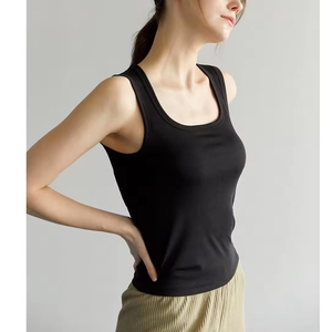 High Quality Women Slim Fit <b>Tank</b> <b>Top</b> New Design <b>Square</b> <b>Neck</b> Solid Color Cotton Breathable Soft Customized Logo Seamless Knitted - Product Image 3