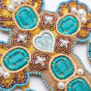 Handmade Gold Bullion Wire Embroidered Patch Custom Religious Cross Motif 3D Beaded <b>Applique</b> for Church Vestments - Product Image 4