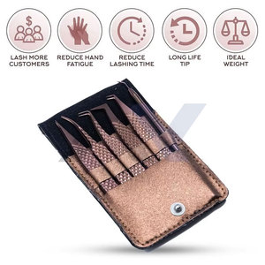 Kit Profesional de Pinzas para Pestañas, Juego de 6 Piezas de Pinzas para Pestañas de Acero Inoxidable con Levantador de Pestañas, Acabado Metálico Rosa - Product Image 2