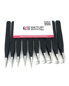 Nouvelles pinces à extensions de cils GETUP en acier inoxydable de qualité supérieure, revêtement poudré noir mat à 90 degrés, pointe argentée, pointe dentelée - Product Image 4