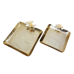 Attractive Design Gold Square Shape Food <b>Snacks</b> Serving <b>Tray</b> Twin Butterfly Accent High Quality Metal Serving <b>Tray</b> In Low Price - Product Image 1