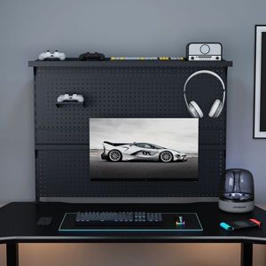 Single Monitor Stand & Clamp-On Desk <b>Pegboard</b> 43x35 Inch Steel Organizer with Movable Panel & <b>Hooks</b> for Gaming - Product Image 1