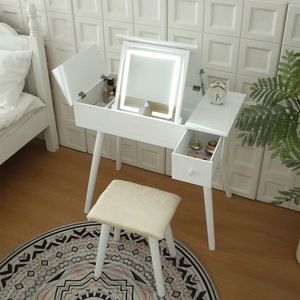 FCH <b>LED</b> Mirror <b>Vanity</b> Table Set Flip Top Makeup & Writing Desk with Cushioning Stool 2 Drawers for Dressing up - Product Image 2
