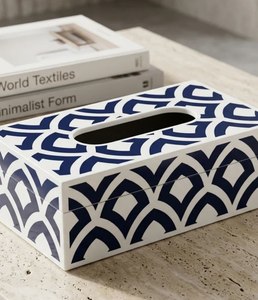 Boîte à mouchoirs moderne en émail imprimé blanc et noir avec rayures marine, organiseur pour table de salon au meilleur prix - Product Image 2