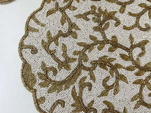 Eco-Friendly Handmade <b>Round</b> Embroidered Lace Place Mat with Plant Pattern Classic Style <b>White</b> and Gold Home <b>Table</b> Decor - Product Image 6