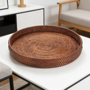 Wholesale Eco-Friendly Round Rattan Serving <b>Tray</b> With Handles Handwoven Wicker Food Display <b>Basket</b> For Bread Fruit Dessert Table - Product Image 3
