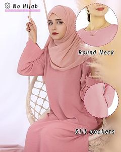 ชุดเดรสสีชมพูแขนยาวคอกลมสำหรับผู้หญิง สีพื้น ระบายอากาศได้ดี ทรงหลวม ใส่ได้ทุกวัน สไตล์ตะวันออกกลาง - Product Image 6