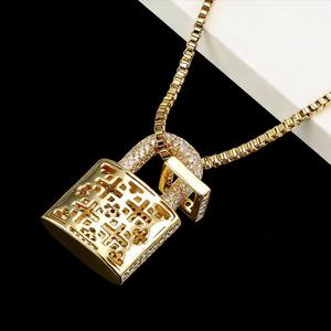 Collar con colgante de candado de cadena tipo caja de latón, chapado en rodio y oro de 14K, con incrustaciones de diamantes, estilo hip hop y streetwear - Product Image 3