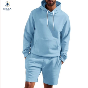 Conjunto de Sudadera con Capucha Azul Claro para Hombre, Marca Index Apparel, Color Sólido, Tejido de Felpa Francesa Informal para Verano - Product Image 1