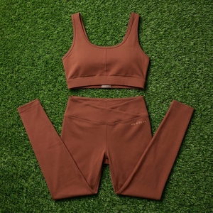 <b>Women</b> Brown Ribbed <b>Crop</b> Sports Bra High Waist <b>Leggings</b> Yoga Set Gym Fitness Workout Activewear Set - Product Image 5
